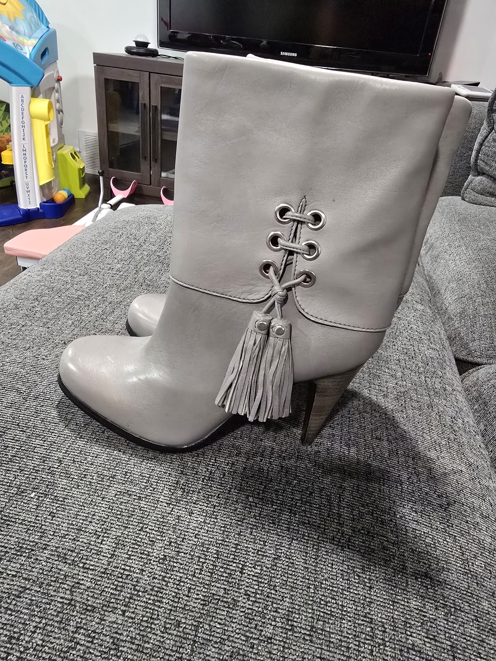 Coach Gray Leather Tassel Mid-Calf Heeled Booties